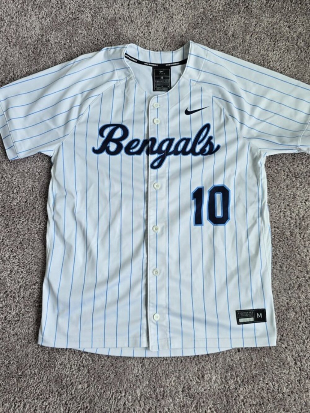 Nike Baseball Bengals 10 Pinstripe Full Button Baseball Jersey White Blue Mens M